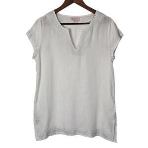 St Tropez West 100% Linen White Silver Embroidered V Neck Tunic Top M
